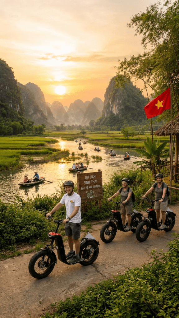 Three people on electric scooters near a river with boats and karst mountains at sunset